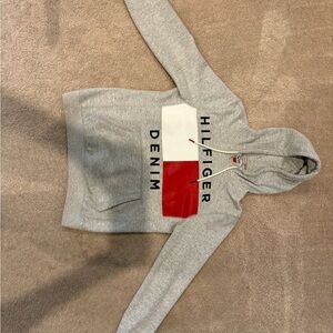 Tommy Hilfiger Gray Hoodie with Red & White Logo Block